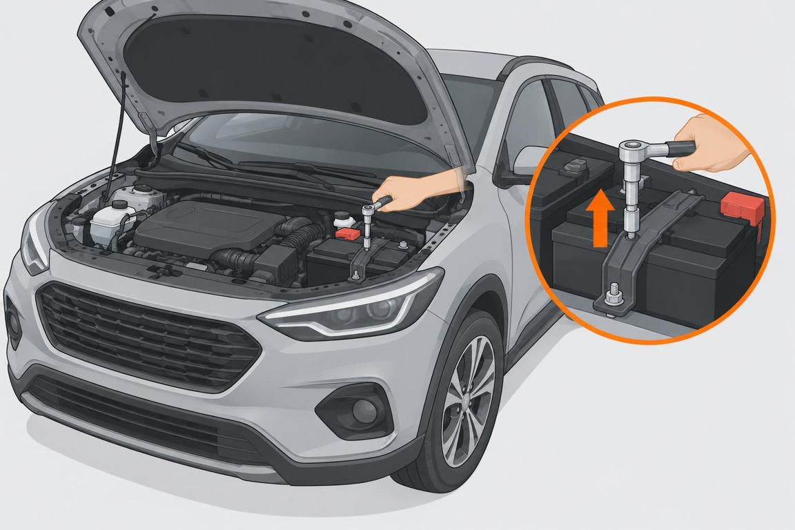 Disconnect positive and remove the hold-down