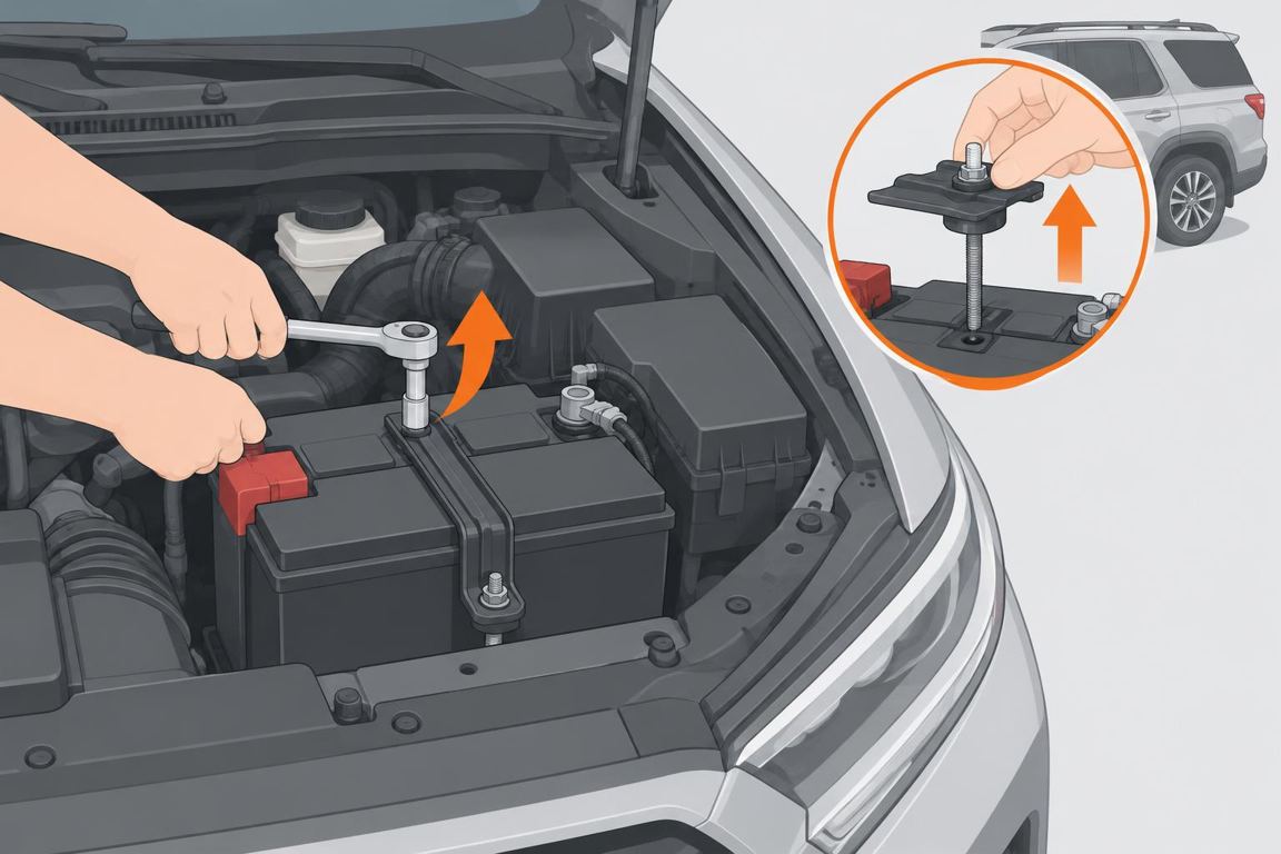 Disconnect positive and remove the hold-down