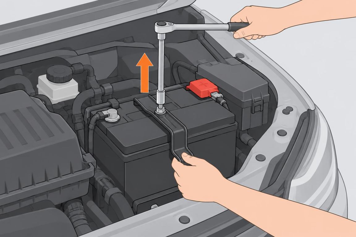 Disconnect positive and remove the hold-down
