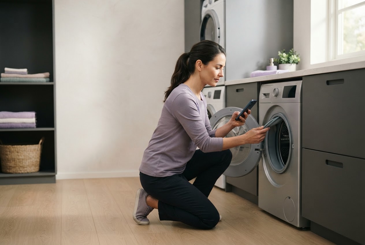 A person using RepairAI next to a washing machine